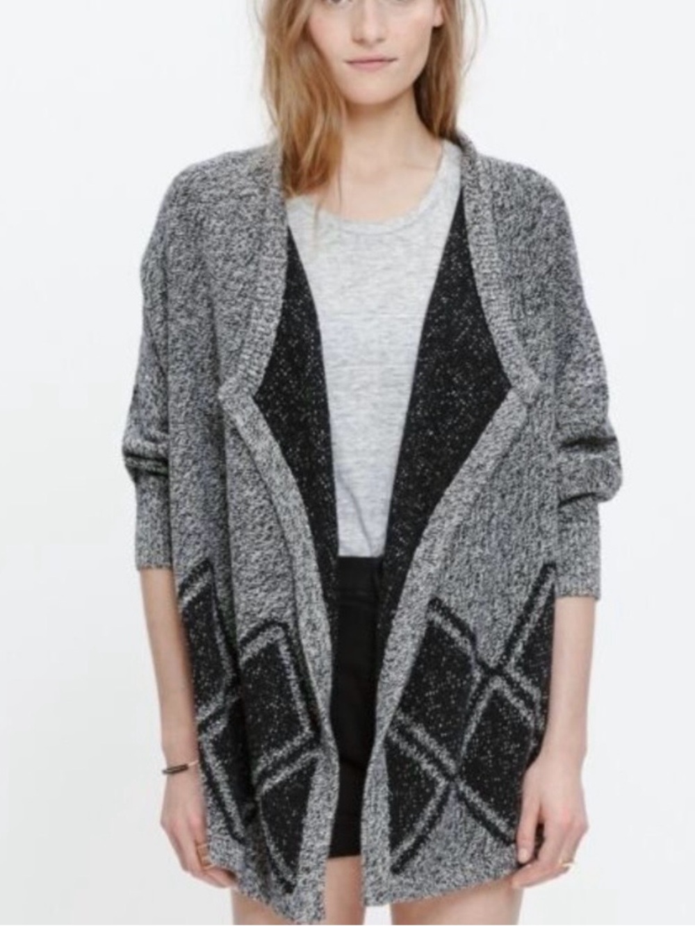Madewell All Angles Gray Black Argyle Diamond Open Front Cardigan M/L Oversized